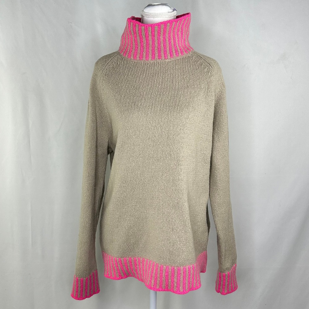 First Love L Turtleneck Knit Sweater Beige Neon Pink Colorblock‎ Preppy Teacher